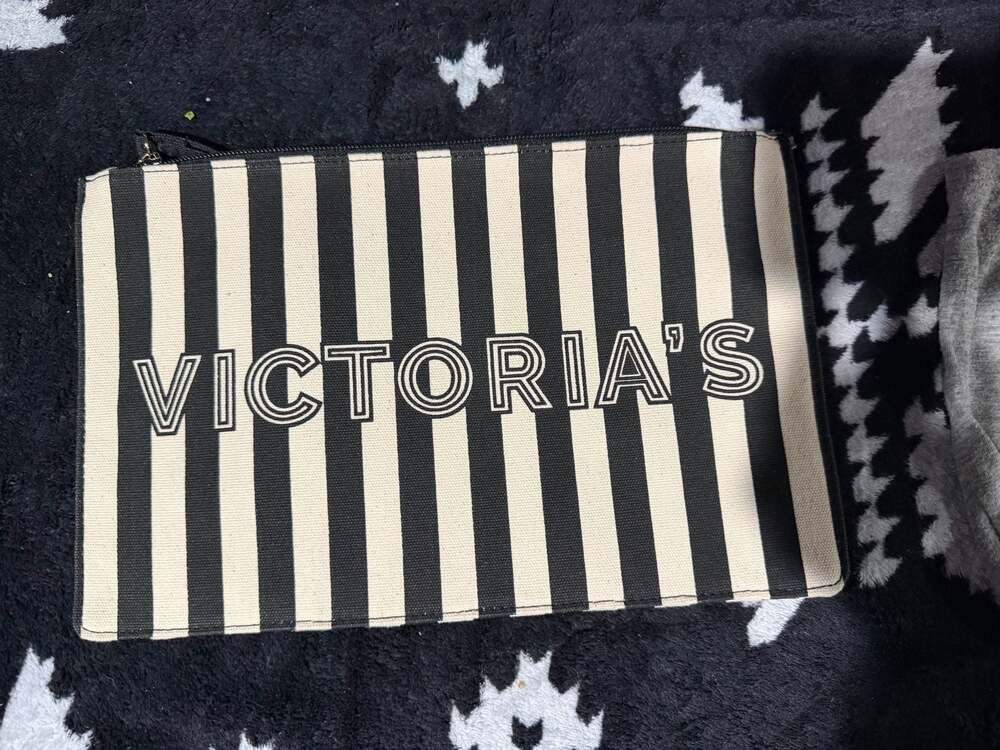 Victoria's Secret Black and White Striped Canvas Makeup Bag Pouch